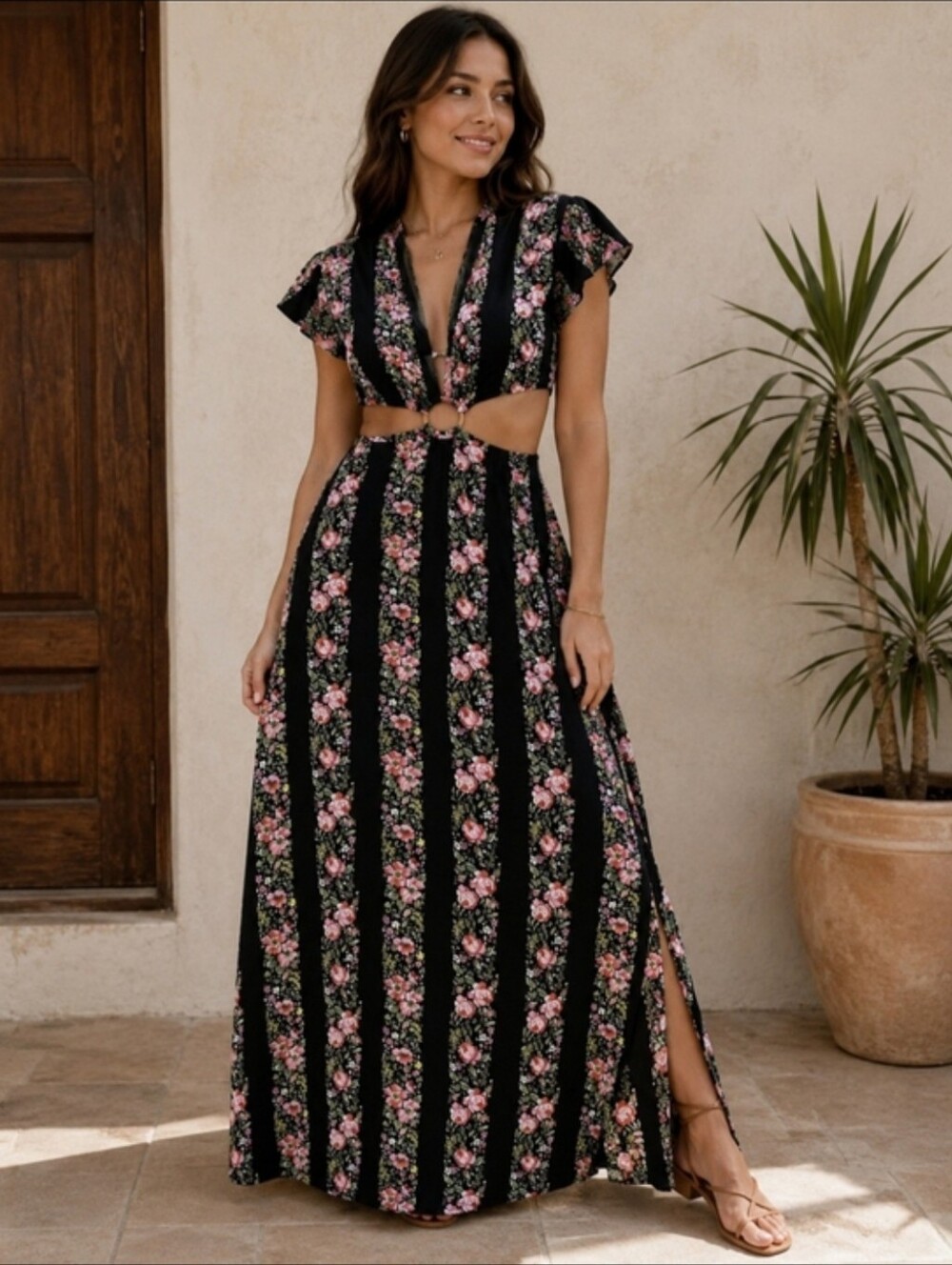 Bohemian Cutout Maxi Dress with Pink Rose Stripes